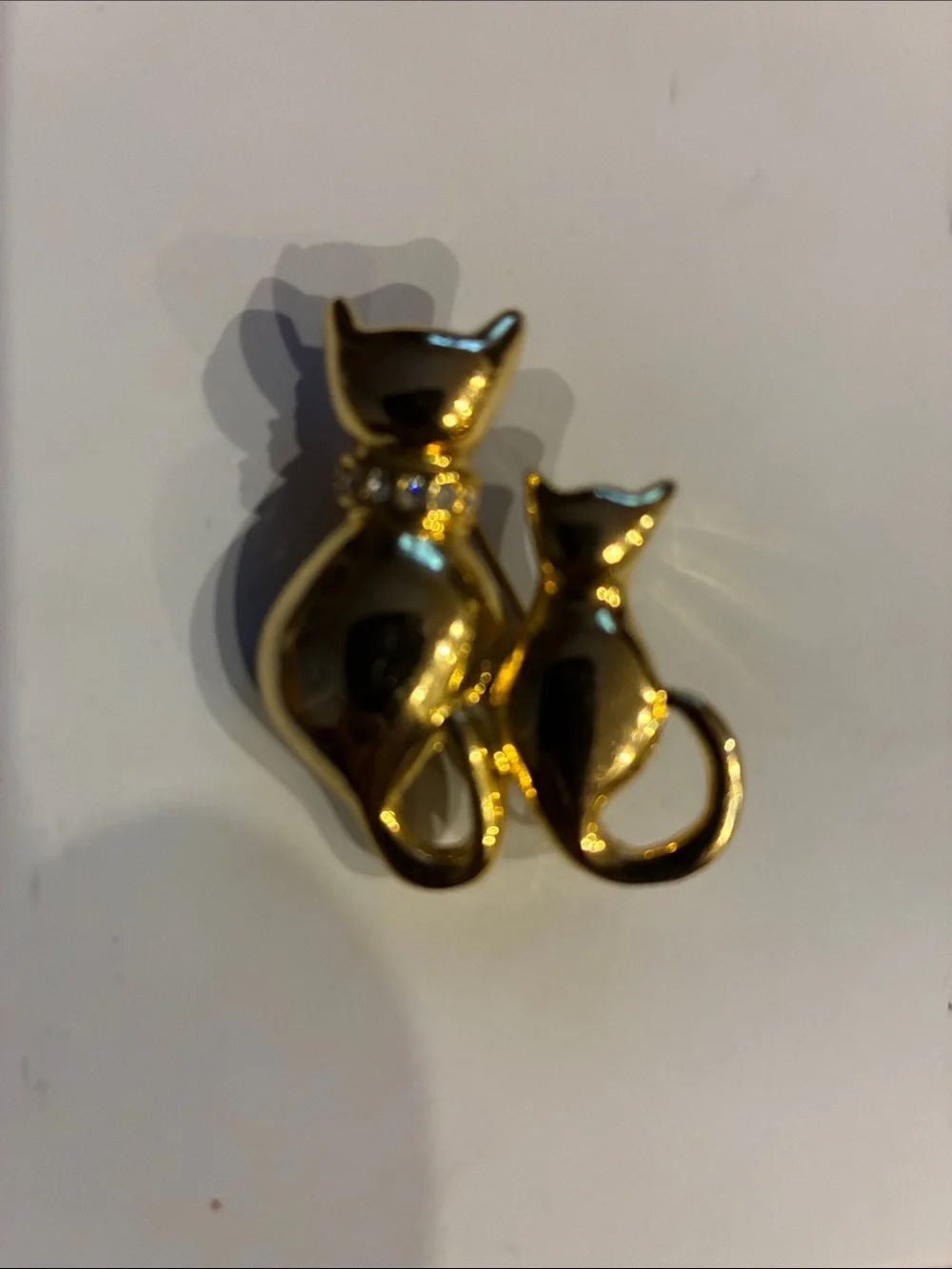 Vintage Couture Brooch White Rhinestone Gold Tone Cats Two Kitties Side X Side